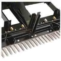 3/4in Hardened Steel Finish Rake - The final point of contact with the ground is the finishing rake. This rake is made of 3/4″ thick hardened steel for long life and is replaceable in one foot sections. The purpose of the finish rake is to pulverize and break up clumps of material and leave a beautifully smooth signature finish behind. But that is not all, the rake also enables the user to push backwards to move dirt into dug out roping boxes and jumps! Additionally, push backward outside of the arena to slice through the ground, like a knife, to rip out vegetation or move material to fill in washouts and accomplish other light land clearing jobs. When driving forward, the design of the rake effectively grooms the material, but does not over compact it, leaving an ideally prepared surface for horse arenas and landscaping seedbeds.