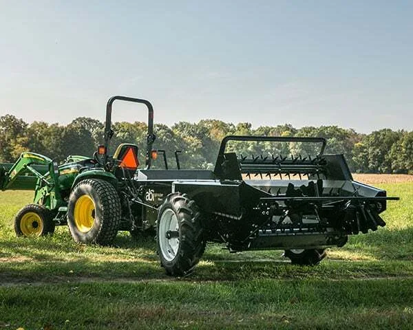 Rear view of an ABI Attachments 85 Cubic Foot Ground Drive Manure Spreader