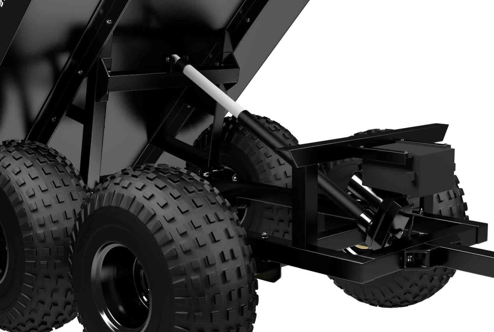 Electric 'Push-Button' Power Dump System - Dumping cargo with the electric lift is as easy as pushing a button right from the seat of your ATV or tractor! There is no need to manually dump or struggle with a winch system. Simply use the handlebar mounted controller to raise and lower the dump bed with ZERO effort. The powerful electric lift can easily dump a fully loaded trailer bed weighing over a half ton (U.S Rating = 1,100 lbs.)! A fully electric system also offers additional benefits: it is maintenance free, no hoses to manage, no hydraulic fluid to leak, no dirt or grime, no manual labor & no greasing required.