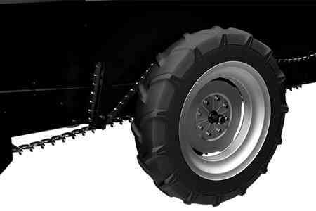 Advanced Ground Drive System - ABI Manure Spreader provides constant power to the apron chain and beater bars via an advanced ground drive system, even during tight turns on rough pastures. The right wheel drives the apron chain and the left wheel drives the beater bars (in relationship to the tow vehicle), however both wheels also work in unison to maximize traction and prevent the apron and beaters from running at incompatible speeds, preventing damage.