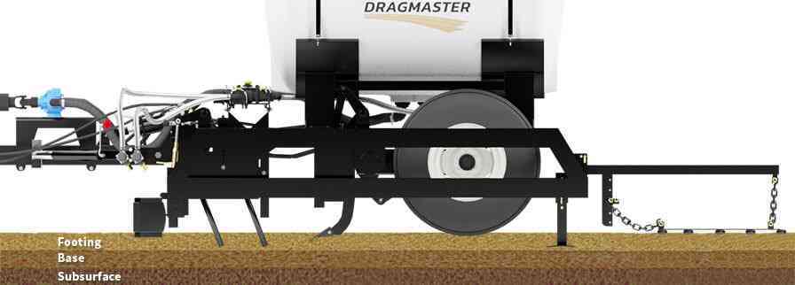 Close-up of Dragmaster ground-engaging components penetrating arena footing while maintaining the base and surface layers.