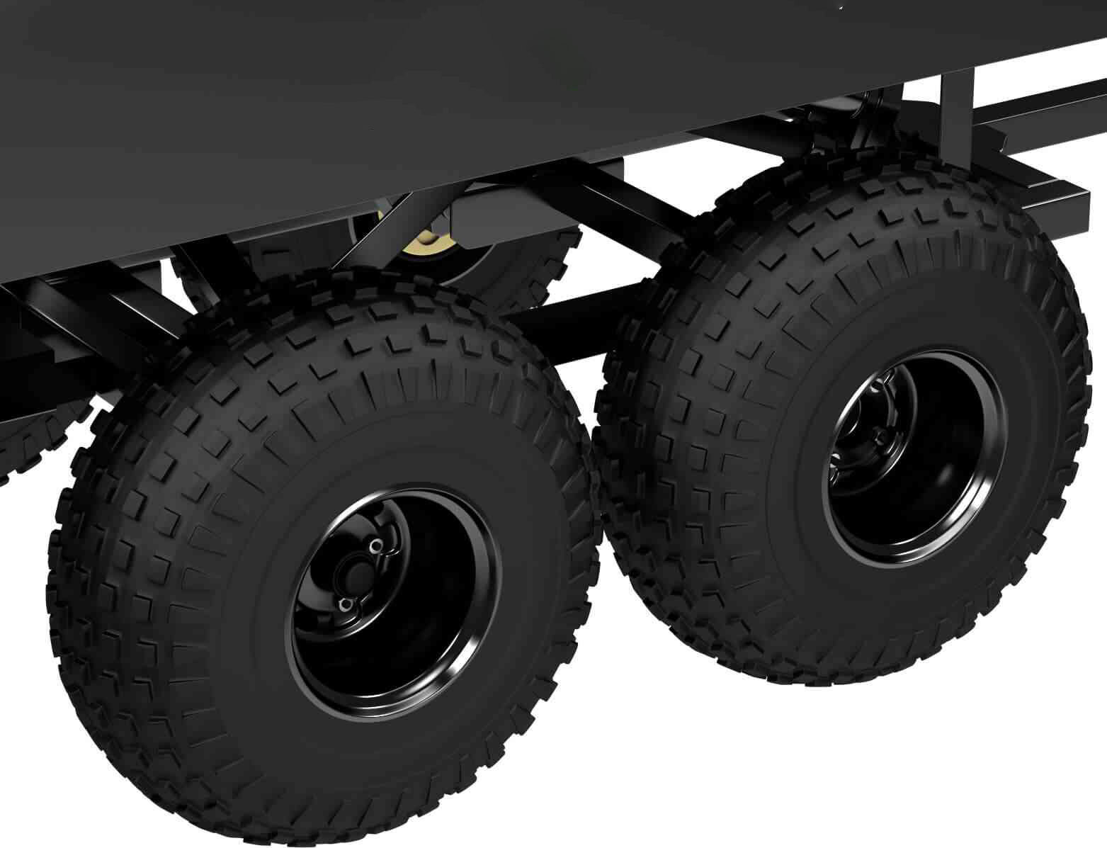 The Workman atv dump trailer rides upon massive 25″ tires. These are the largest tires available for any pull-behind ATV dump trailer. They are low pressure 25″ x 12″ x 9″ 4PR tires that can handle heavy loads, absorb rough terrain and provide excellent ground clearance. In fact, the Workman trailer has an full 11″ ground clearance to crawl over just about anything in your path. The tires are rated to handle 580 lbs each at 14 psi (2,320 lbs. total). 5 – 7 psi is operating pressure. Due to their size, these tires allow an incredible amount of “Float” over soft or muddy terrain, even under heavy load! Now the operator can haul a load of firewood or a small round bail across the pasture with minimal to no disturbance to the ground!