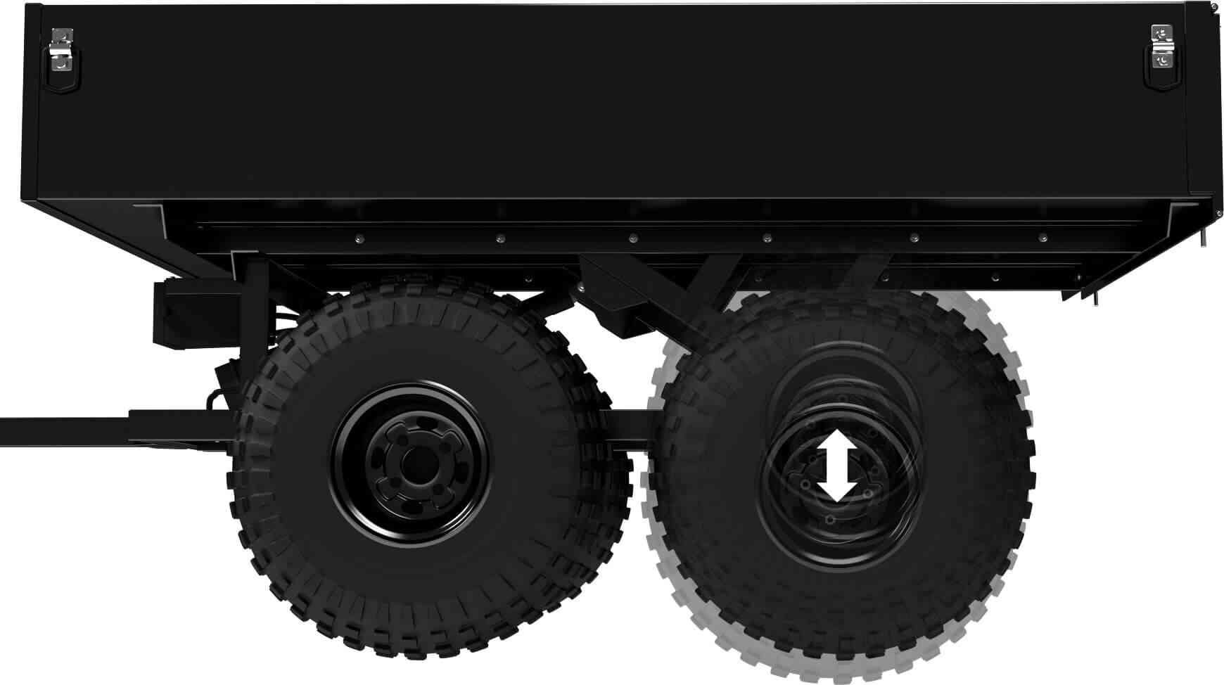 The Workman XL ATV / UTV utility dump trailer features four wheel independent torsion bar suspension and huge 25″ tires that allow the trailer to float over the roughest terrain imaginable. This is no wimpy and unstable “walking beam” suspension. True four wheel independent torsion bar suspension axles allow each wheel to be independently suspended. One tire can go up while the other tire can go down. Each axle is rated at 800 lbs. and combined with the weight of the unit they allow safe hauling of 1,100 lbs. of cargo. The GVWR for this trailer is 1,600 lbs. The atv trailer is also equipped with high speed tapered roller bearings and the spindle is over an inch thick with a true hub bolted on to a 2″ thick axle.