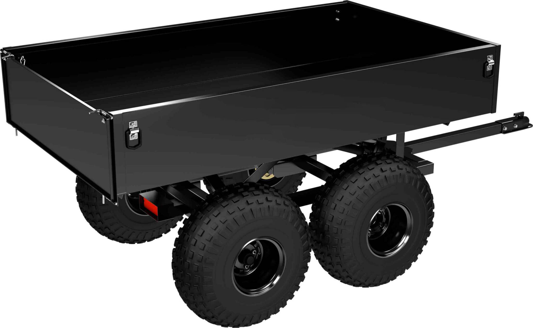 The Most Advanced ATV Dump Trailer Design - The Workman XL ATV dump trailer is the most advanced off-road atv dump trailer you have ever seen! Amazing features like massive 25″ tires, 4 wheel independent torsion suspension, electric brakes, tail/brake light and a push-button power dump makes the Workman XL ATV Dump Trailer the safest, most capable and easiest to use trailer designed for rugged off road hauling and dumping! The massive tires and independent suspension are engineered to smoothly traverse across the most rugged terrain, even under heavy load! The dump bed is controlled from the handlebar mounted controller or optional wireless remote for easy push-button control.