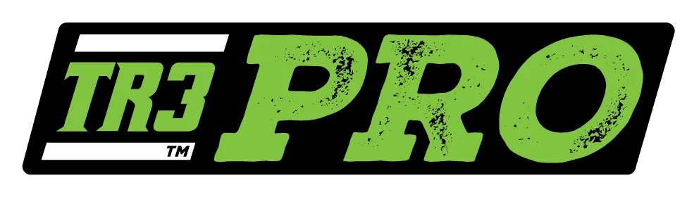 "TR3 Pro" is bold and in green, with a vintage look. The background is black of the product name.