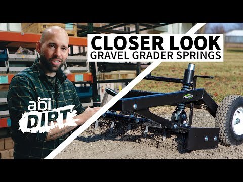 The words 'Closer Look - Gravel Grader Springs' are placed on the top of the image. The words "'ABI Dirt are placed bottom left. To the left of the image is a an talking. To the right is an ABI Attachments' driveway grader, TR3.