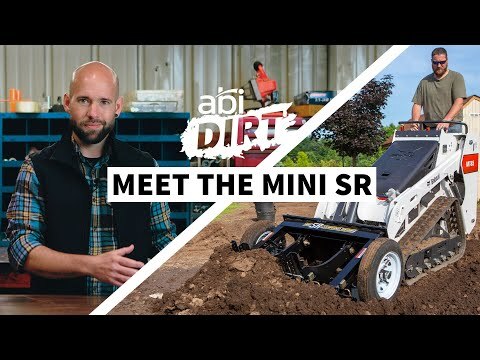 Skid loader being used to the right, a man speaking on the left. The middle says 'ABI Dirt - Meet The Mini Sr"