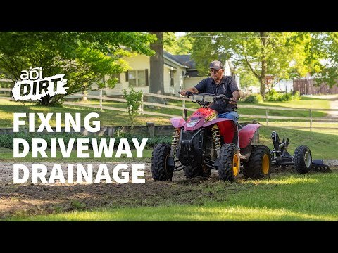 "Fixing Driveway Drainage" in white and bold font. In the top left corner, it says "ABI Dirt", a YouTube series presented by ABI Attachments.