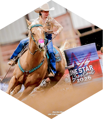 ABI Pros Ambassador Hex - Dusky Lynn Hall riding a horse around a barrel that says 'Lone Star Shoutout 2026'
