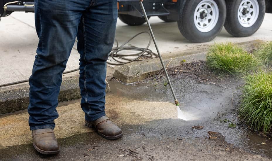 ABI 550 DOT Pro Water Trailer powering a strong pressure washer that is cleaning dirty pavement
